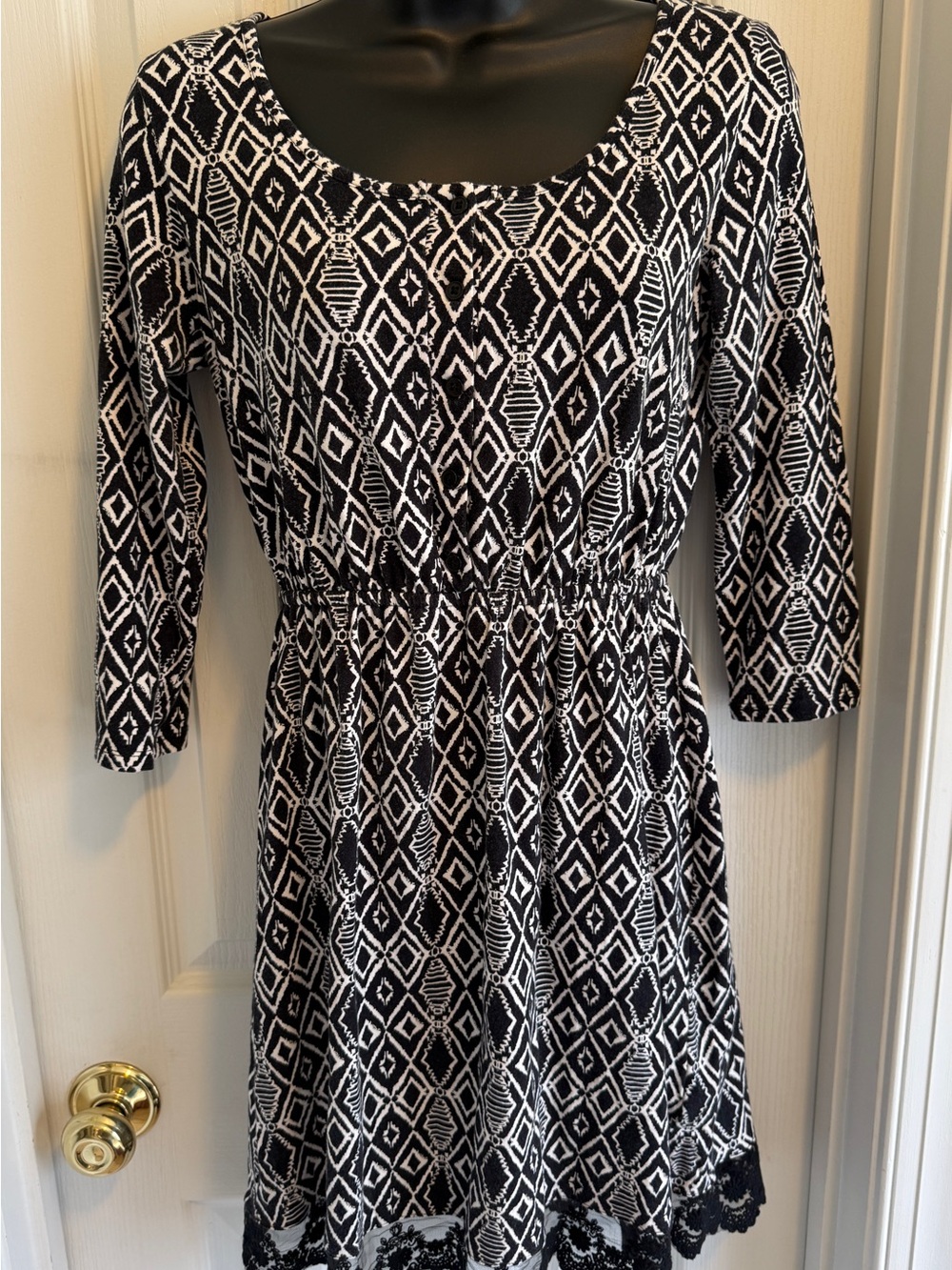 Pink Rose Black & White Geometric Scoop-Neck Dress